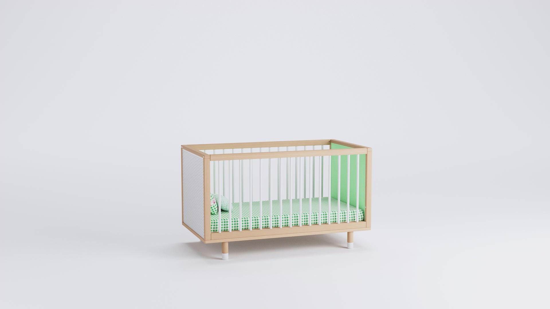 A baby cot rotates 360 degrees in a white space. The panels in the ends move up, rotate and go back down.